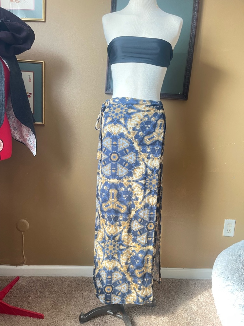 Tie-Dye Blue and Gold Maxi Wrap Skirt Earthbound Trading Co